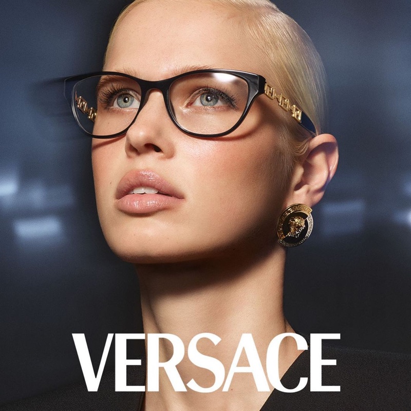 Model Fien Kloos wears cat-eye glasses in Versace Eyewear winter 2020 campaign.