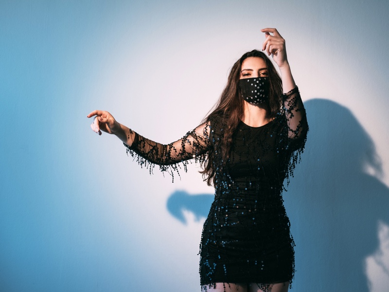 Woman Black Party Dress Face Mask