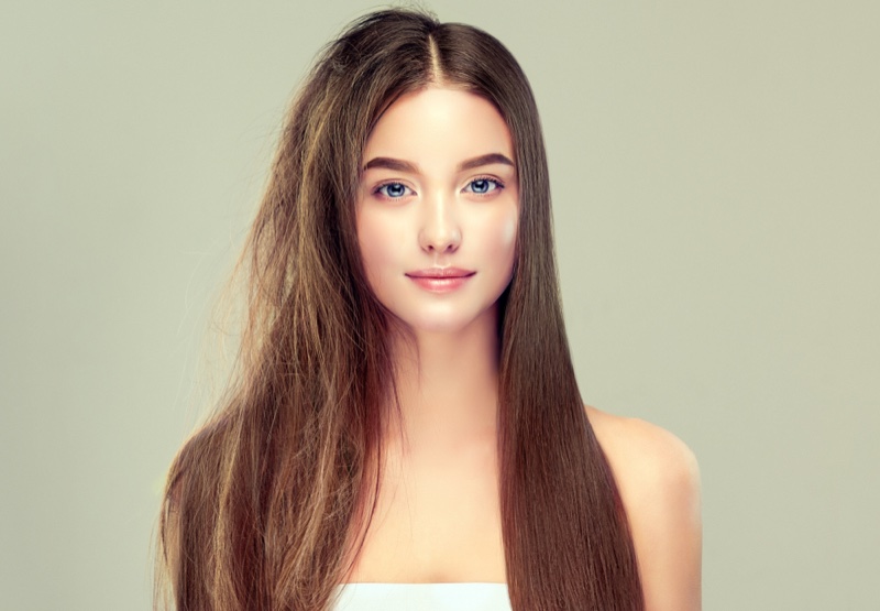 Woman Half Frizzy Healthy Hair Straightened