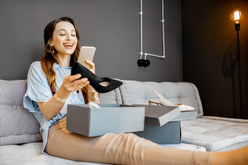 Woman Smiling Phone Taking Photos Heels Shoes