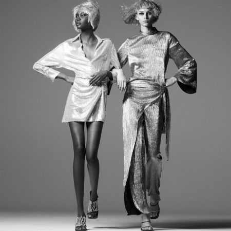Binx & Achenrin Shine in Zara's Sparkling Party Looks Achenrin Madit and Binx Walton wear Zara sparkly knotted dress, Limited Edition sparkly top, sparkly wrap front pants.