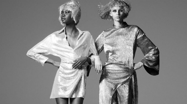 Achenrin Madit and Binx Walton wear Zara sparkly knotted dress, Limited Edition sparkly top, sparkly wrap front pants.