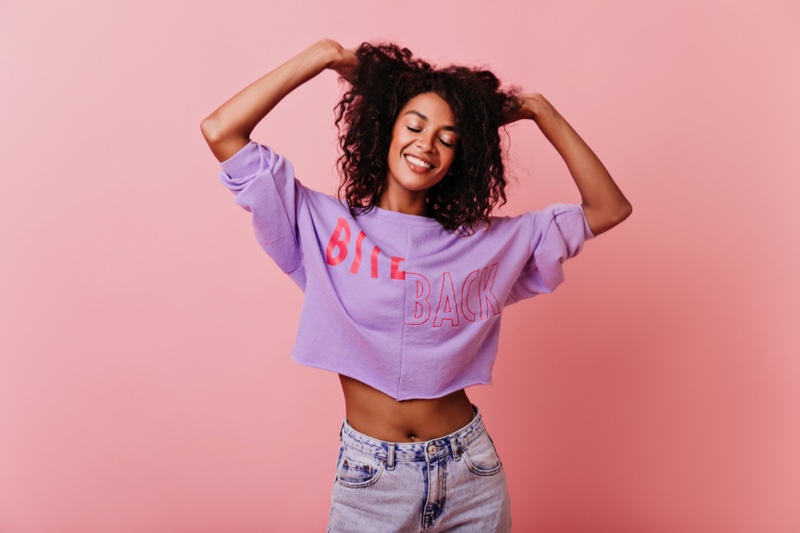 Black Model Purple Bite Back Shirt Jeans