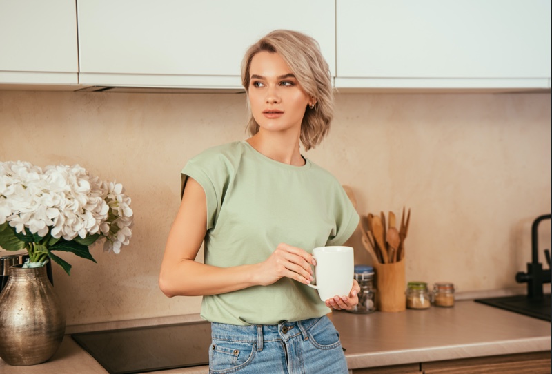Blonde Model Kitchen Cabinet Green Shirt