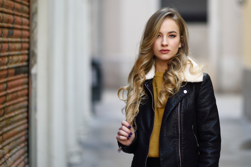 Blonde Model Leather Jacket Cold Weather