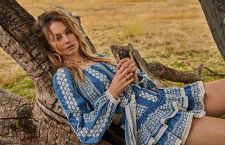 Bridget Malcolm Embraces Boho Style in We Are Kindred Resort 2021 Bridget Malcolm wears a blue look from We Are Kindred's resort 2021 collection.