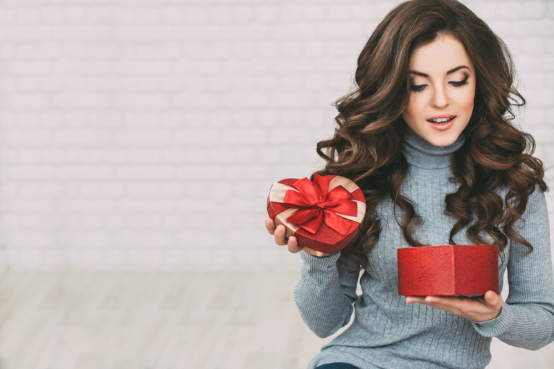 Brunette Woman Wavy Hair Heart Shaped Box Valentine's Day