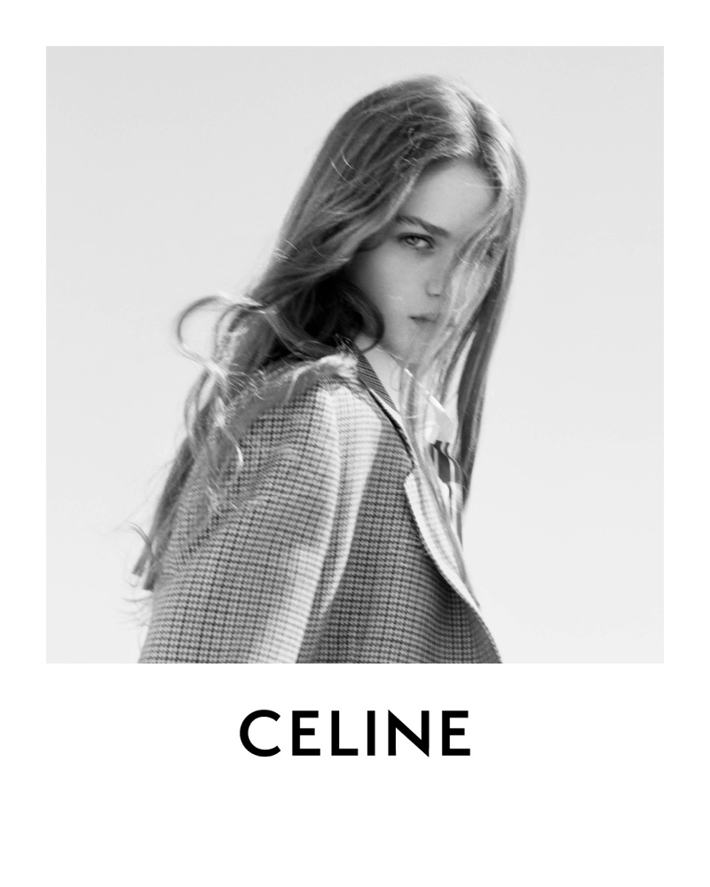 Celine features tweed blazer in spring 2021 campaign.