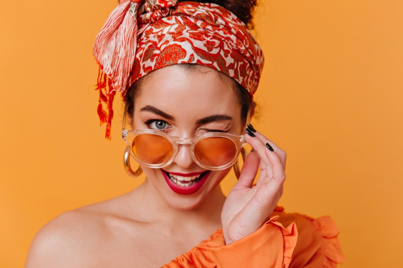 Closeup Girl Hair Scarf Orange Sunglasses Wink