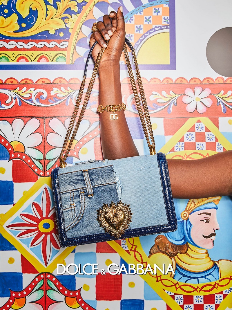 A denim patchwork bag featured in Dolce & Gabbana's spring 2021 campaign.