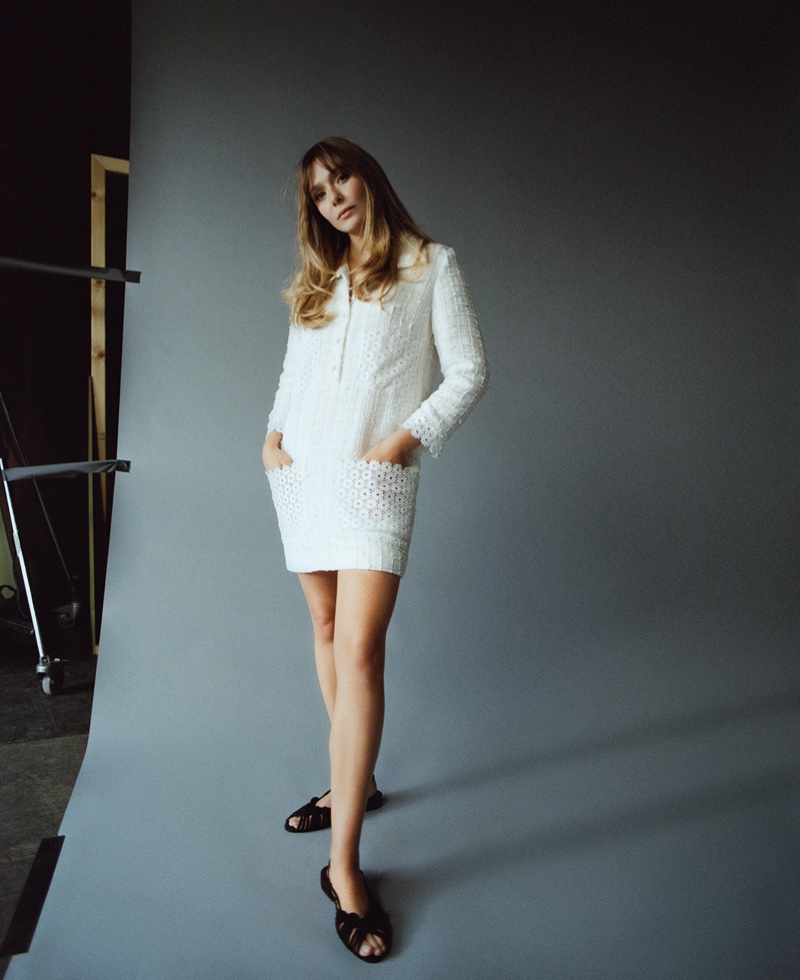 Actress Elizabeth Olsen poses in Chanel dress and shoes. Photo: Amar Daved