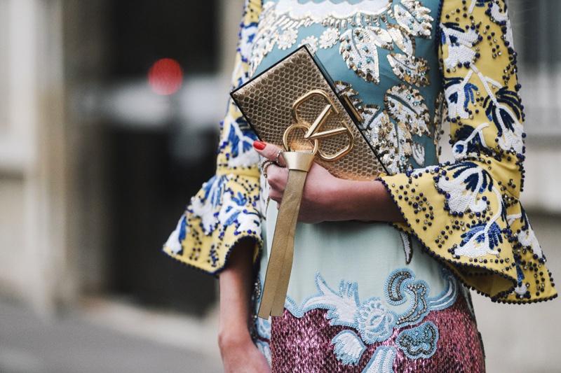 Female Gold Valentino Clutch Bag Floral dress Cropped