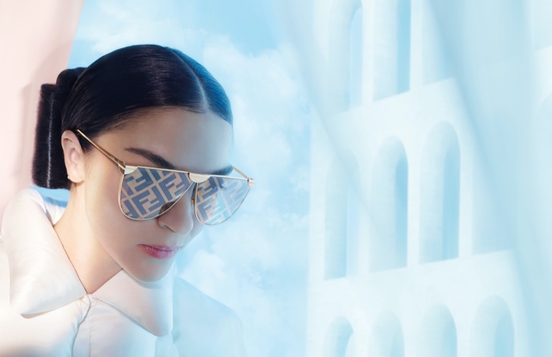 Mariacarla Boscono wears branded eyewear in Fendi spring-summer 2021 campaign.