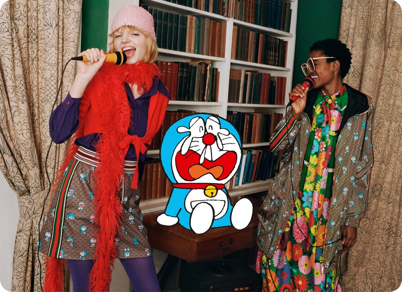 Models sing karaoke for Doraemon x Gucci's Lunar New Year collaboration.