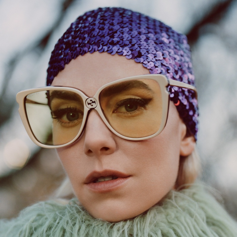 Actress Vanessa Kirby wears accessories for Gucci Winter in the Park campaign.