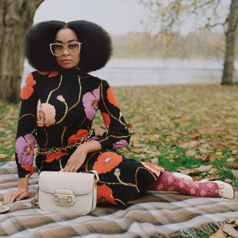 Celeste poses for Gucci Winter in the Park campaign.