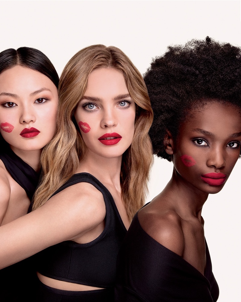 He Cong, Natalia Vodianova, and Imari Karanja star in Guerlain KissKiss lipstick campaign.