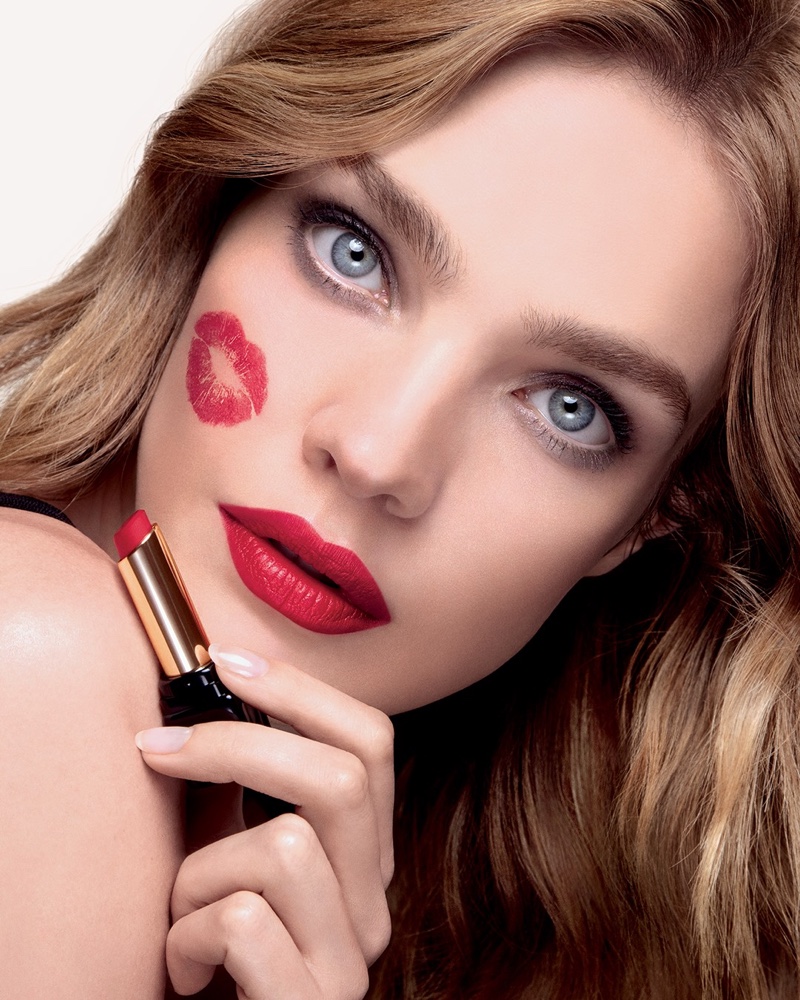 Natalia Vodianova is the face of Guerlain's KissKiss lipstick campaign.