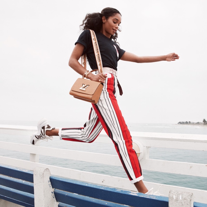 Actress Laura Harrier takes a leap in Louis Vuitton Twist spring-summer 2021 campaign.