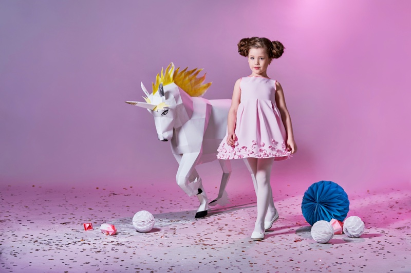 Little Girl Pink Dress Paper Unicorn Fashion