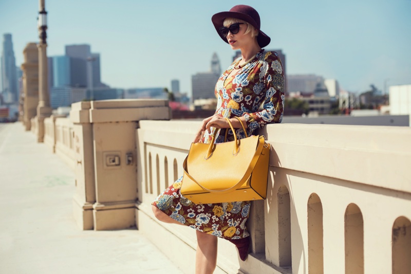 Los Angeles Model Floral Print Dress Yellow Bag Hat Outfit