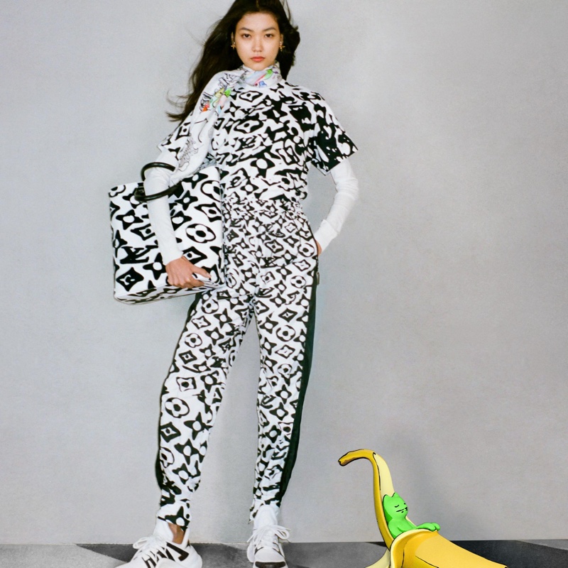 Monochromatic print stands out in Louis Vuitton x Urs Fischer collaboration.