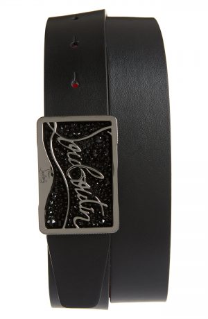 Men's Christian Louboutin Ricky Logo Crystal Buckle Leather Belt, Size 95 EU - Black/black/gun Metal
