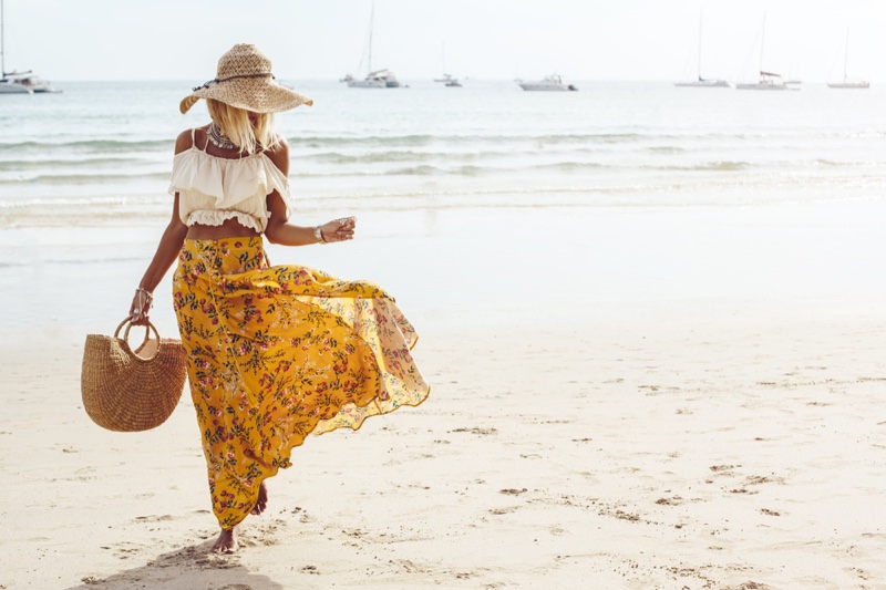 Model Beach Crop Top Printed Skirt Straw Bag Hat Outfit