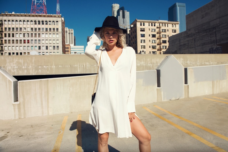 Model White Dress Hat Parking Garage