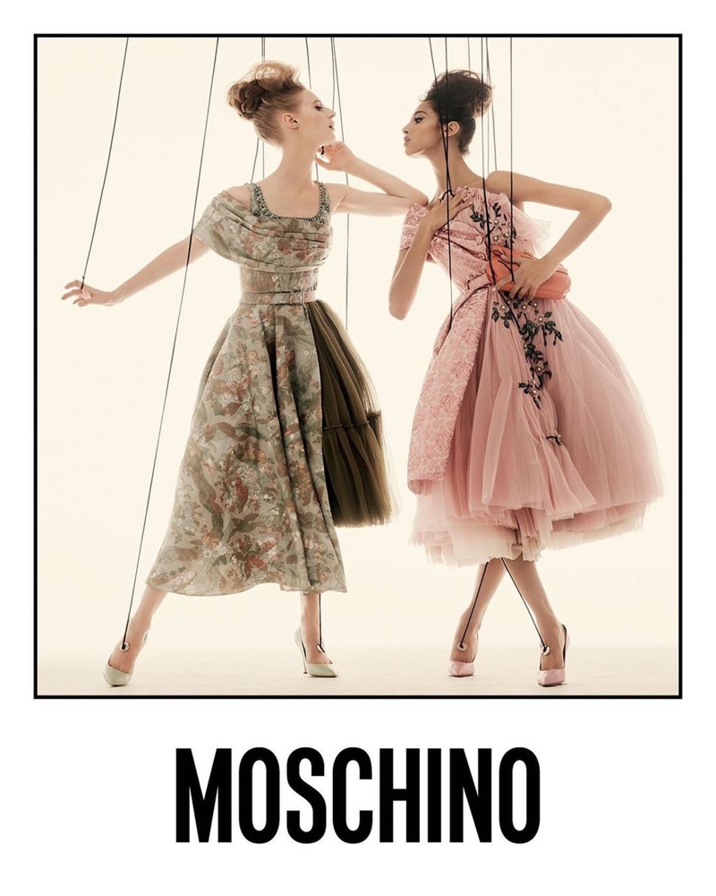 Julia Nobis and Yasmin Wijnaldum poses as puppets for Moschino spring-summer 2021 campaign.