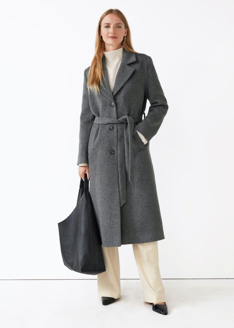  Other Stories wool blend short belted coat in beige