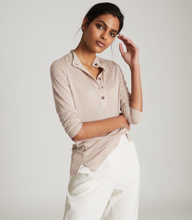 REISS Hallie Fine Jersey Grandad Top in Blush $180