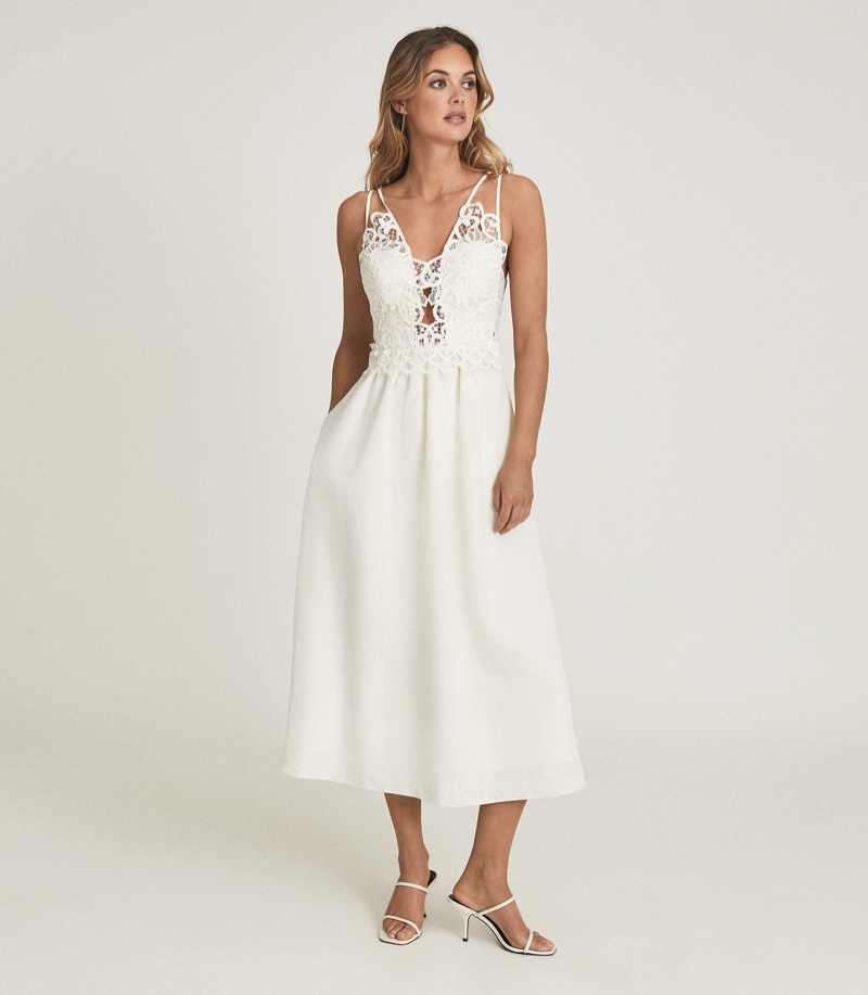 Reiss Serena Lace Detailed Midi Dress in White $470