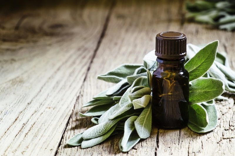 Sage Oil Bottle Leaves Wooden Table