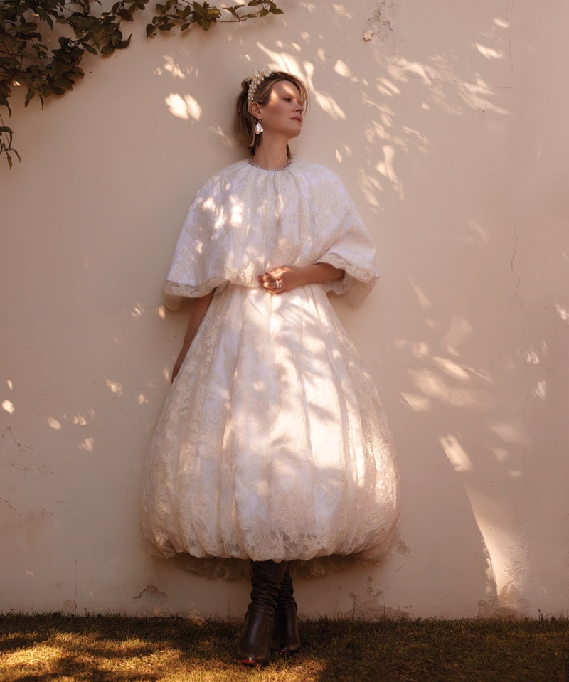 Sarah Paulson poses in Simone Rocha dress and headband. Photo: Max Abadian