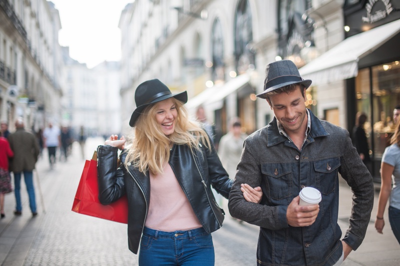 Smiling Couple Walking Autumn Jackets Streets