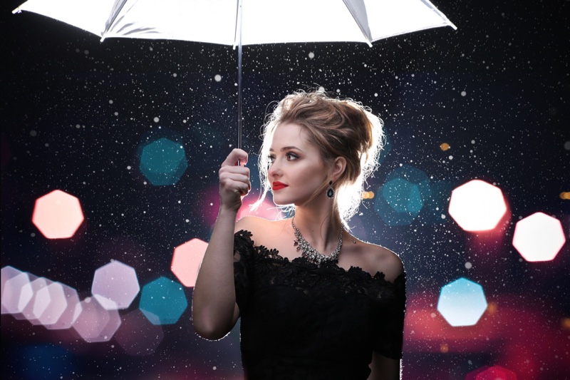 Woman Outside Umbrella Black Lace Dress Necklace