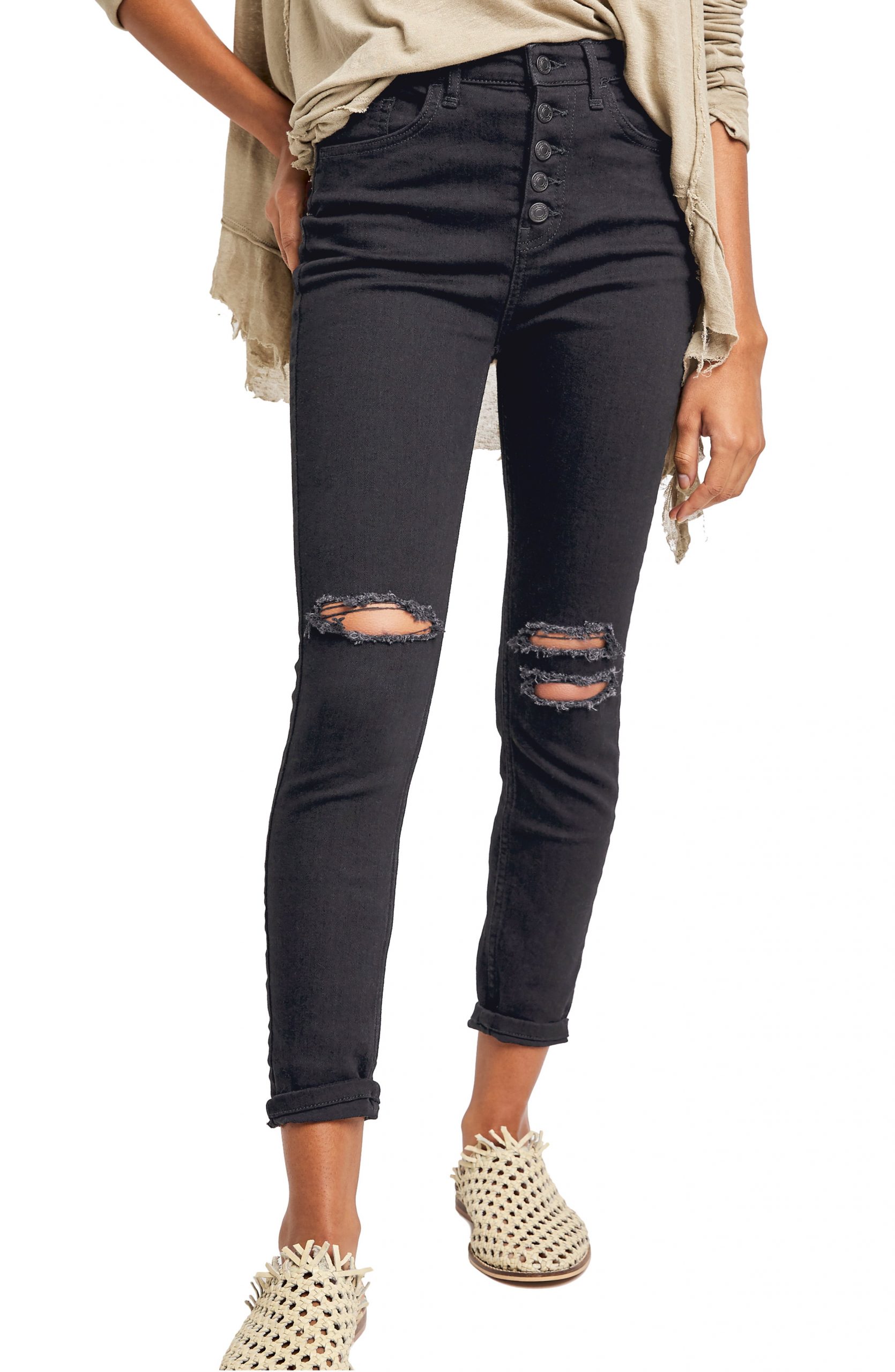 button front black jeans