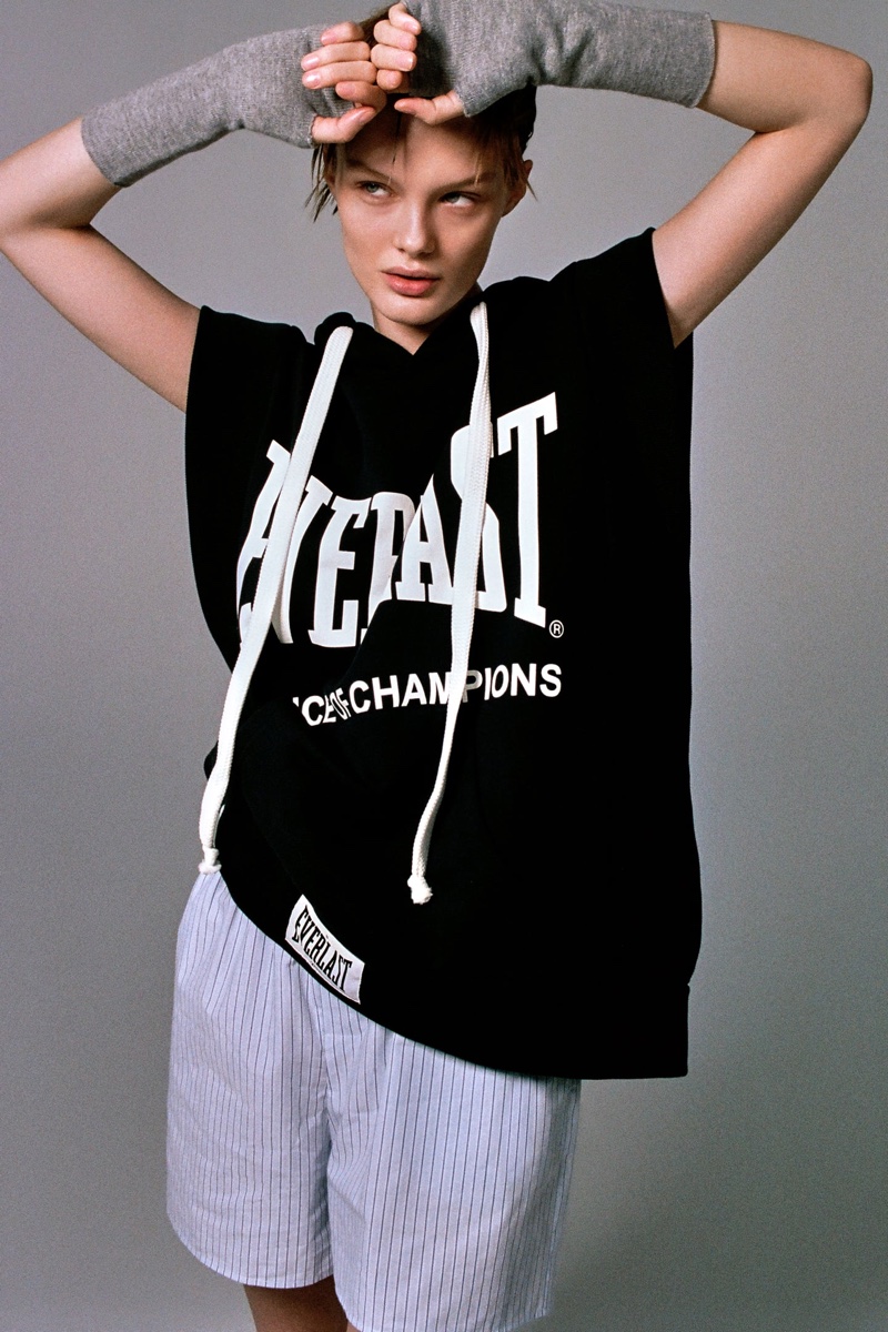 Model Kris Grikaite poses in Zara x Everlast vest.