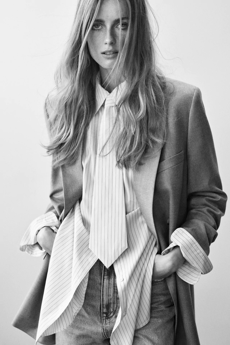 Rianne van Rompaey poses in Zara's spring 2021 styles.