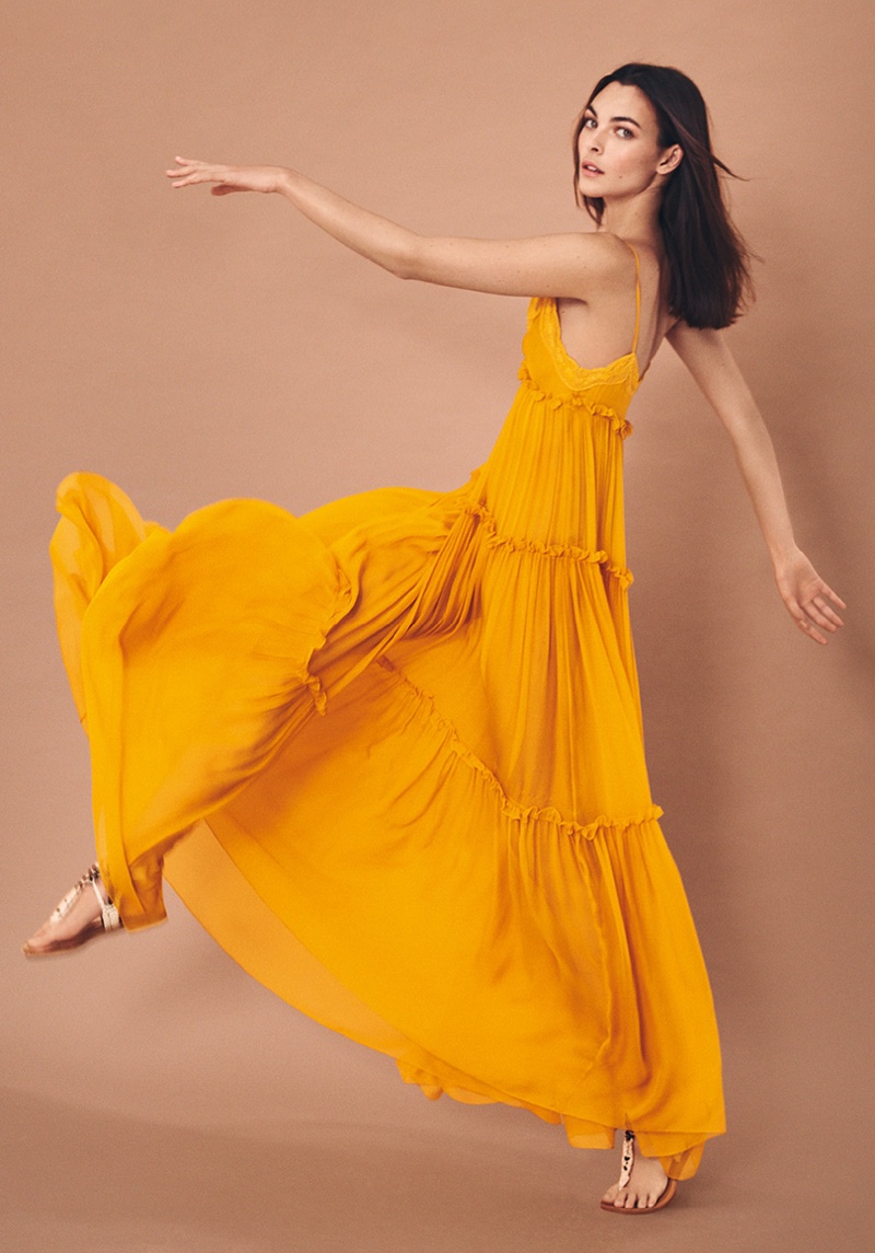 Alberta Ferretti features tiered maxi dress in spring-summer 2021 campaign.