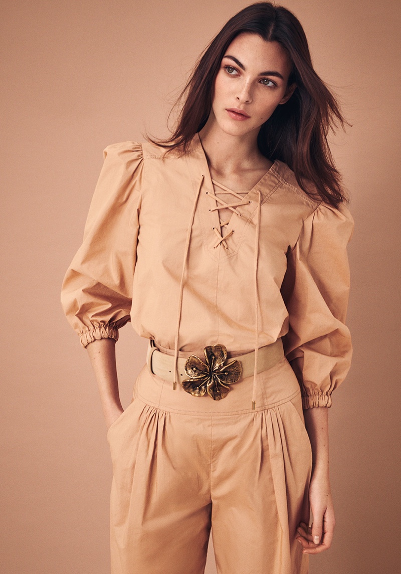 Dressed in neutrals, Vittoria Ceretti poses for Alberta Ferretti spring-summer 2021 campaign.