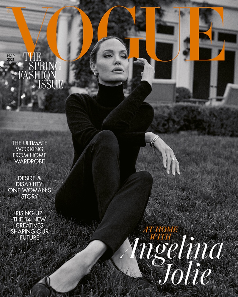 Photographed in black and white, Angelina Jolie covers Vogue UK's March 2021 issue.