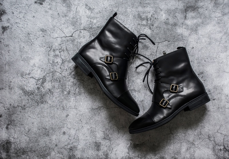 Black Leather Ankle Boots Isolated Grey Backdrop