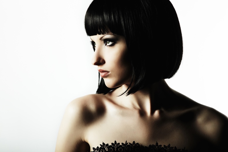 Brunette Bob Bangs Model Cropped