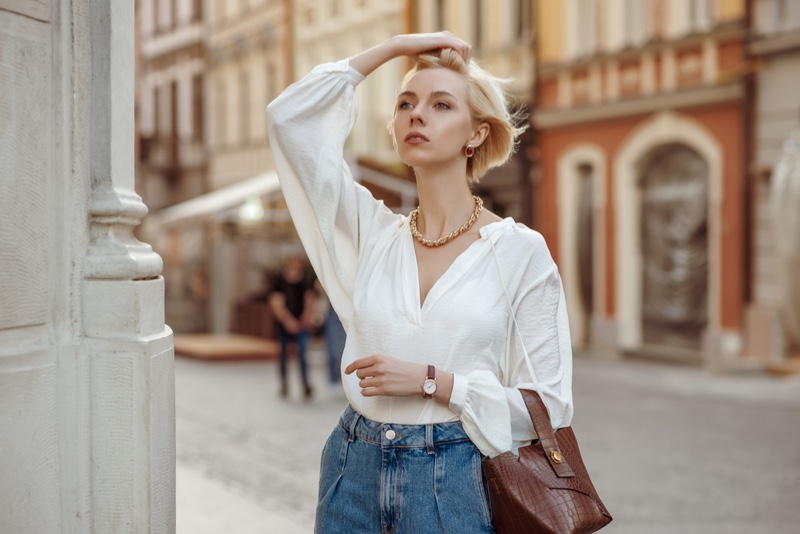Chic Woman White Shirt Denim Accessories Street