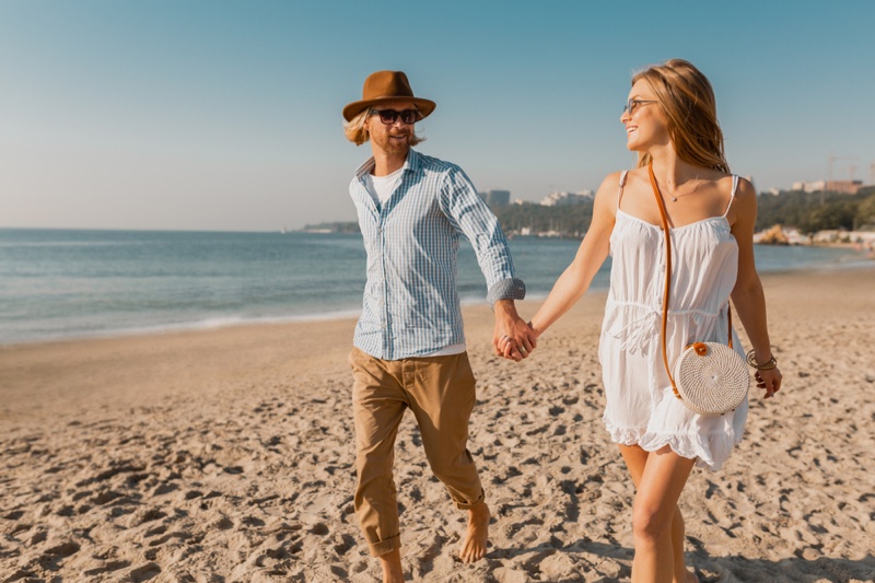 Couple Date Walking Beach White Dress Lace Trim