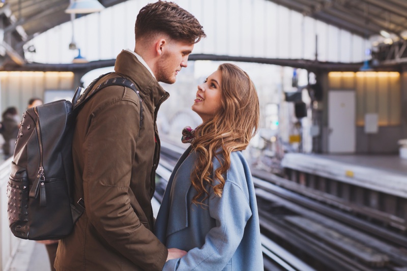 Couple Meeting Train Station Travel Long Distance