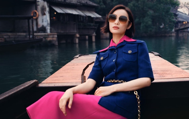 Ni Ni poses in Wuzhen, China for Gucci Eyewear spring-summer 2021 campaign.