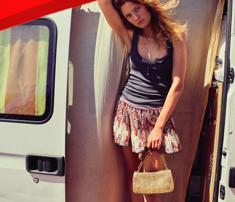 Model Constance Jablonski poses in a van for Jerome Dreyfuss spring-summer 2021 campaign.